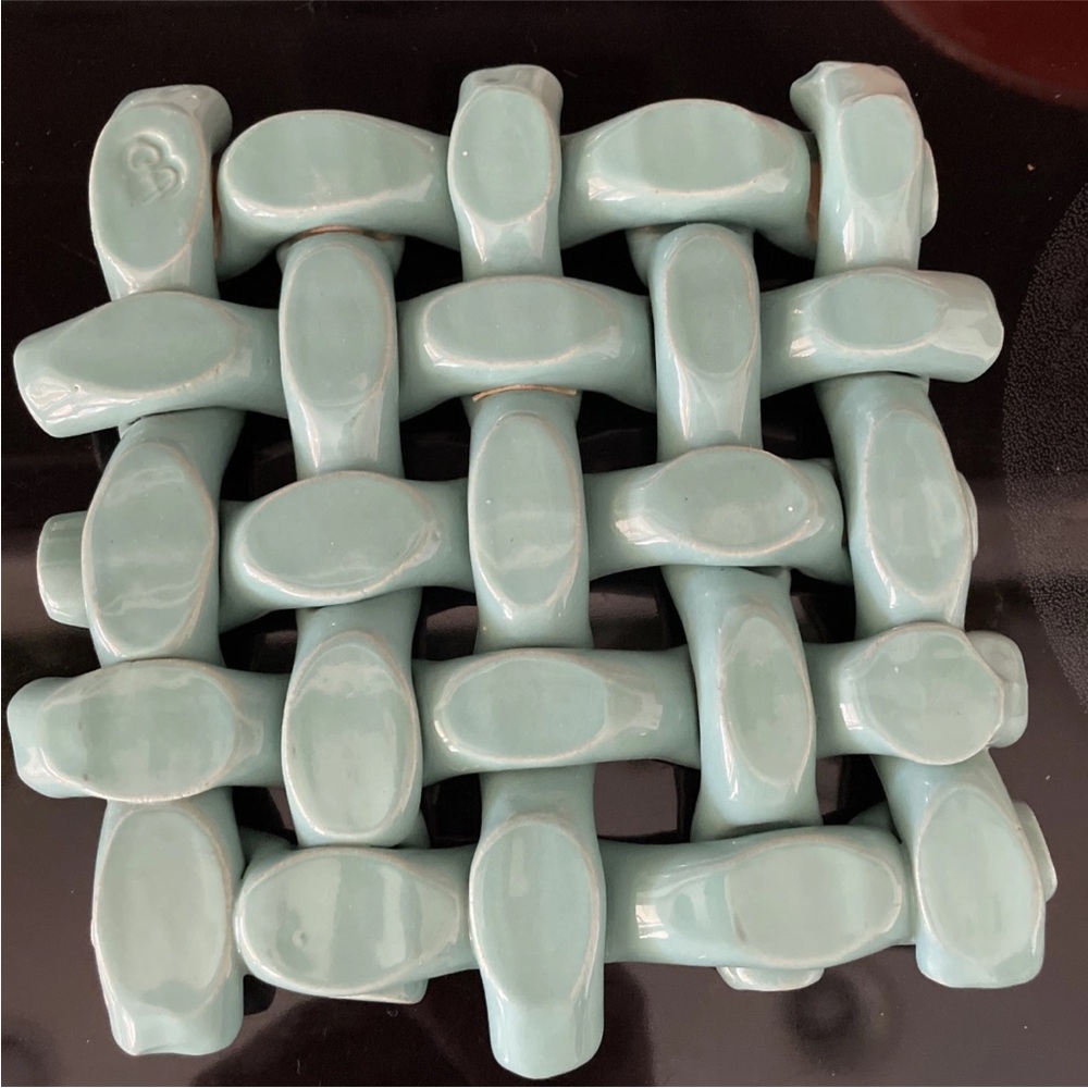 Green Pottery Trivet Lattice Woven Design Basket Weave Signed